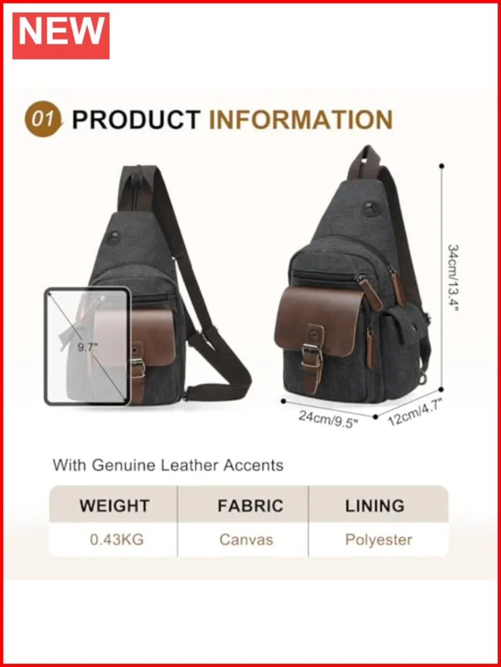 Vintage Canvas Sling Bag Crossbody Backpack Leather Trim Water Resistant WiFi